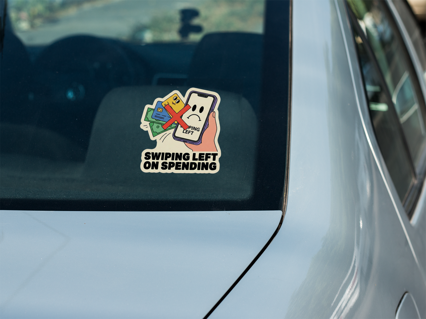 "Swiping Left on Spending" Sticker – Funny Personal Finance Decal for Savers & Investors