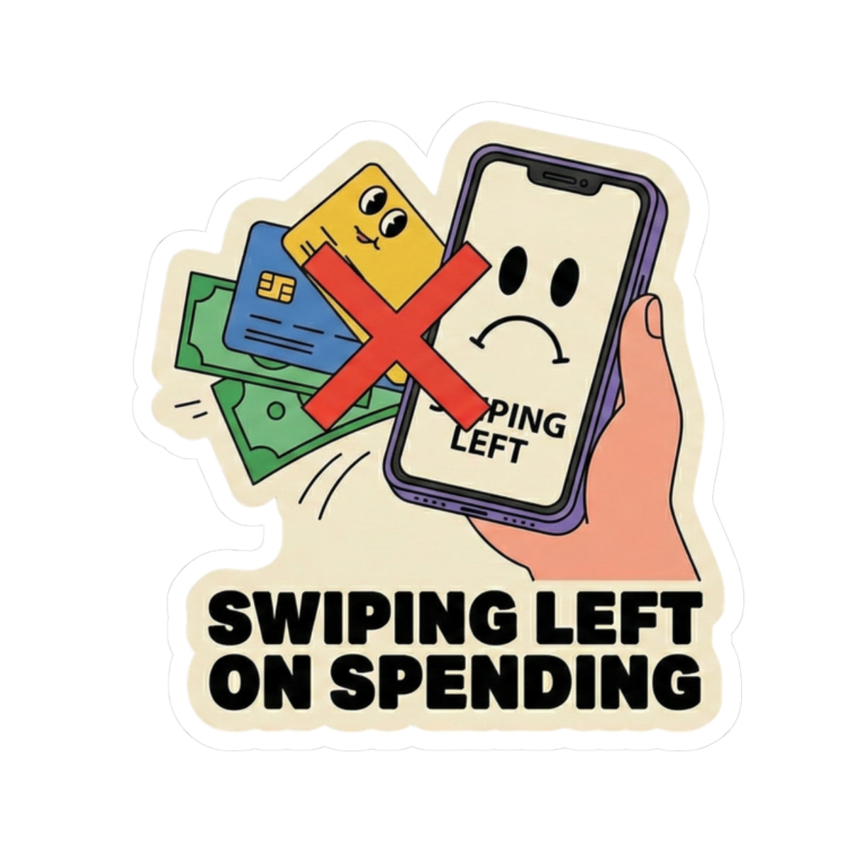 "Swiping Left on Spending" Sticker – Funny Personal Finance Decal for Savers & Investors