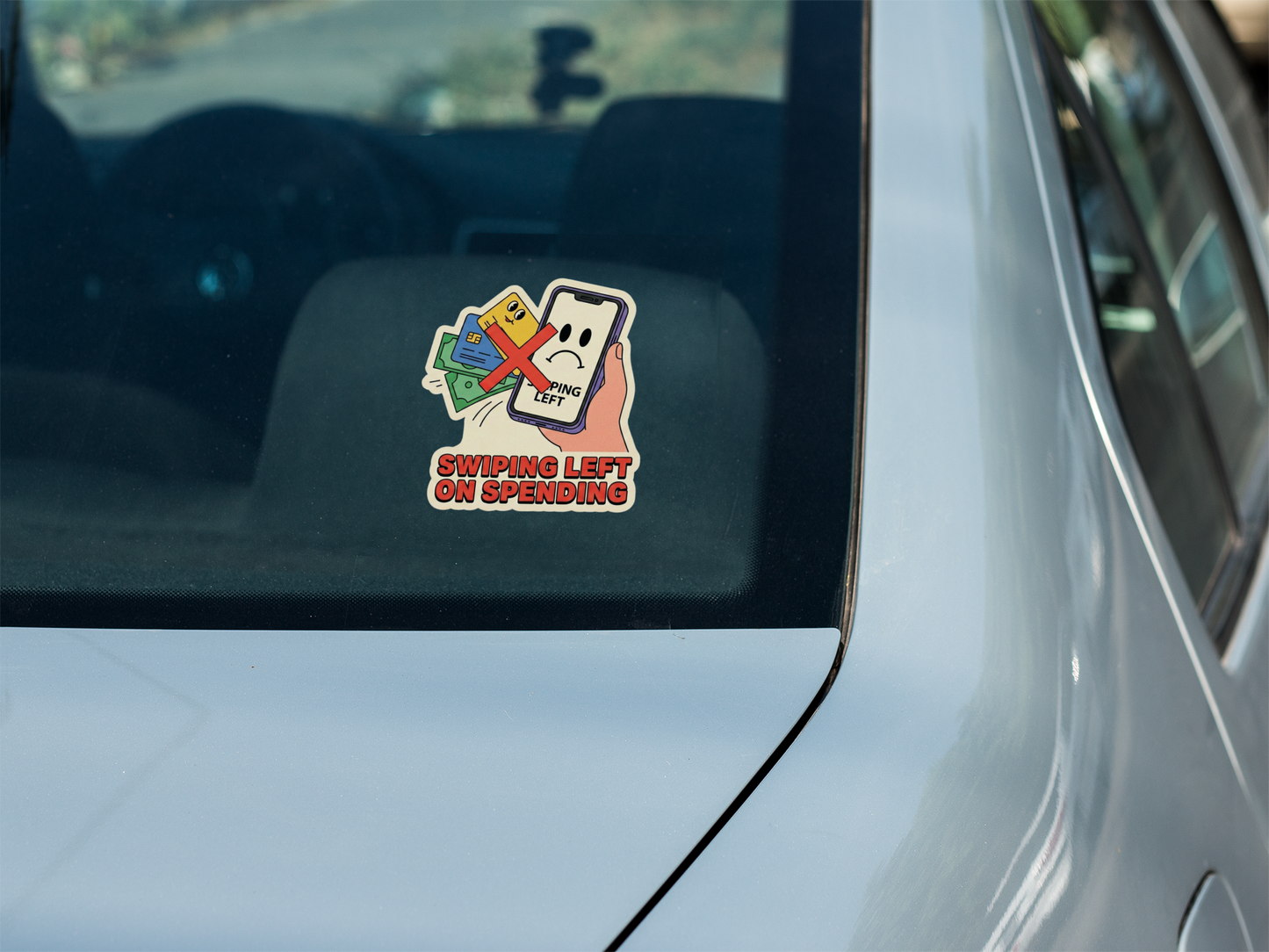 "Swiping Left on Spending" Sticker – Funny Personal Finance Decal for Savers & Investors